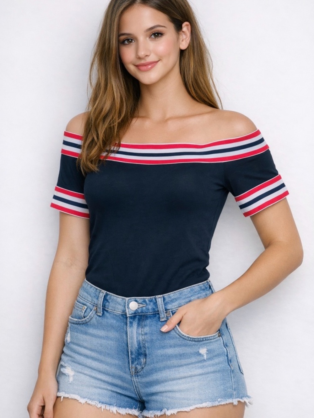 Off-Shoulder Navy Bodysuit with Red & White Stripe Trim
